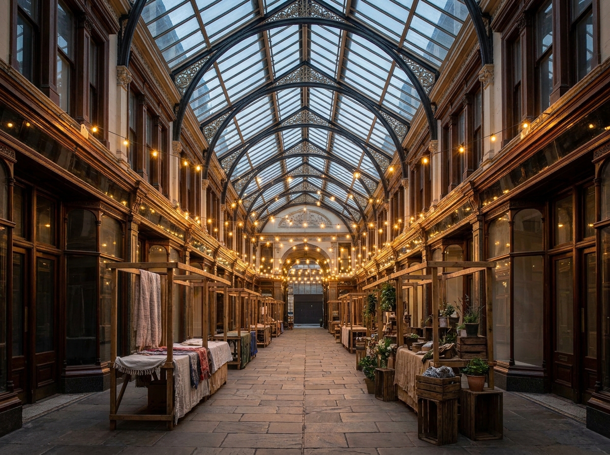 A historic Victorian arcade in Cardiff set up for an evening pop-up event.