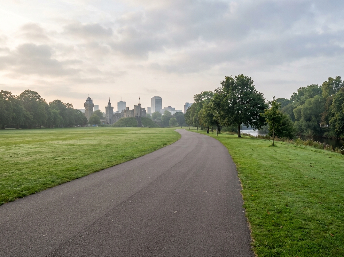 A view across an empty Bute Park towards the Cardiff city skyline, a location for large outdoor events.