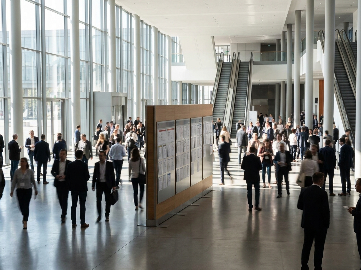 Attendees at a career event finding information on a directory board.