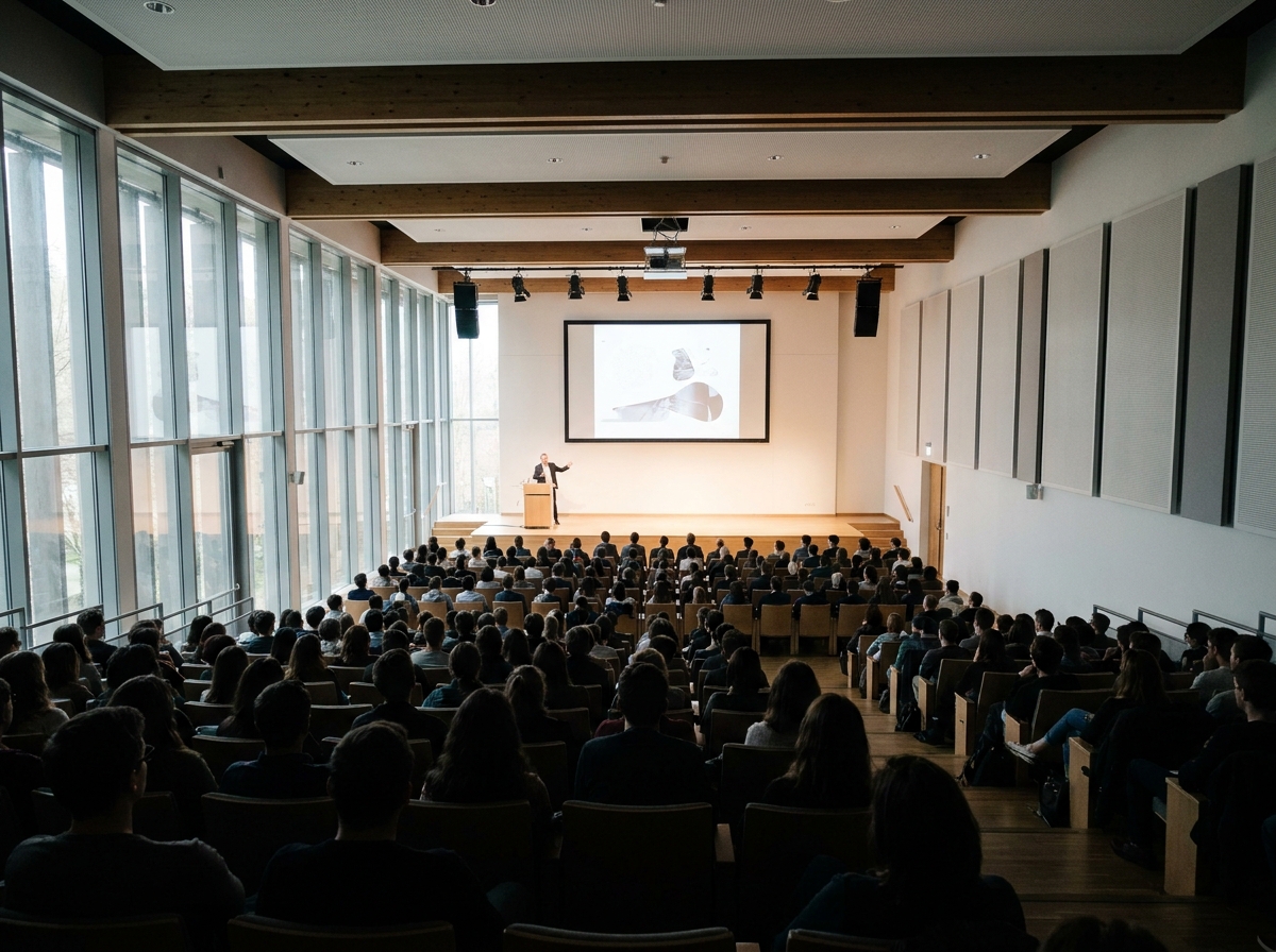A professional audience listens to a speaker at a career development session.