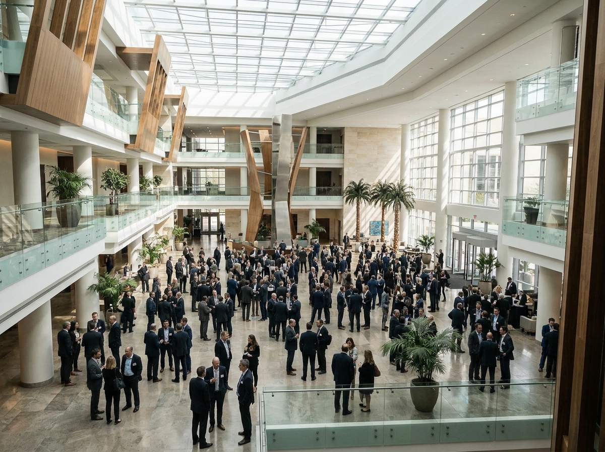 Professionals networking at a career event organized using Eventbrite's platform.