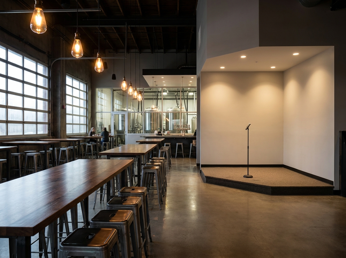 An empty performance space inside a Cary brewery, set up for a comedy night.