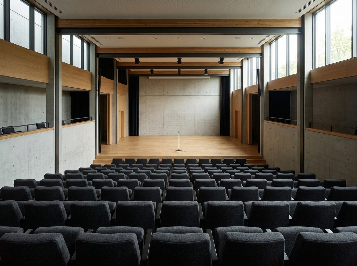 An empty modern theater in Cary, ideal for a stand-up comedy performance.