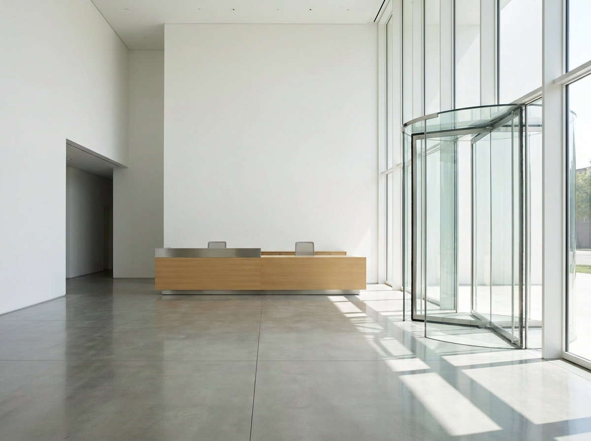 The modern, empty lobby of a performance venue in Cary before an event.