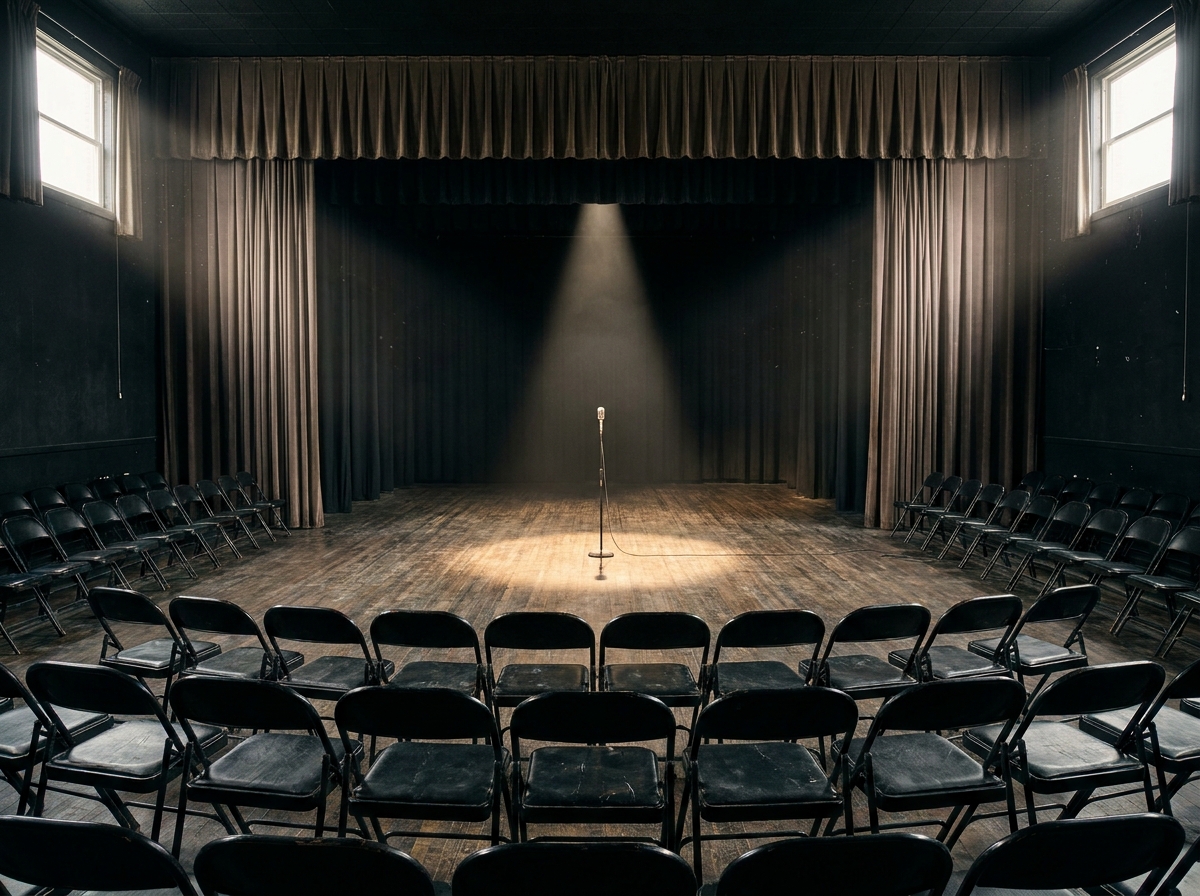 An empty black box theater in Cary prepared for a stand-up comedy show.