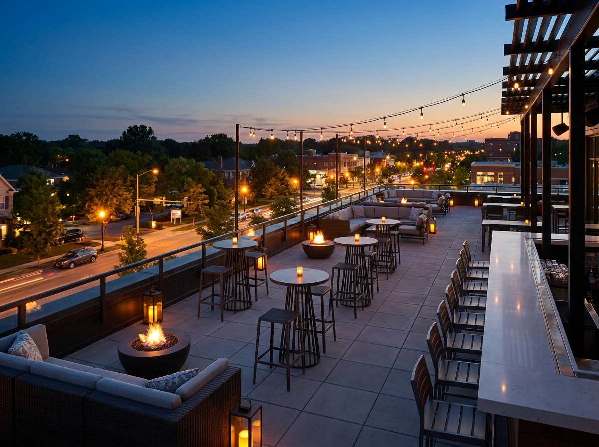 A stylish rooftop space in Cary prepared for an evening networking mixer.