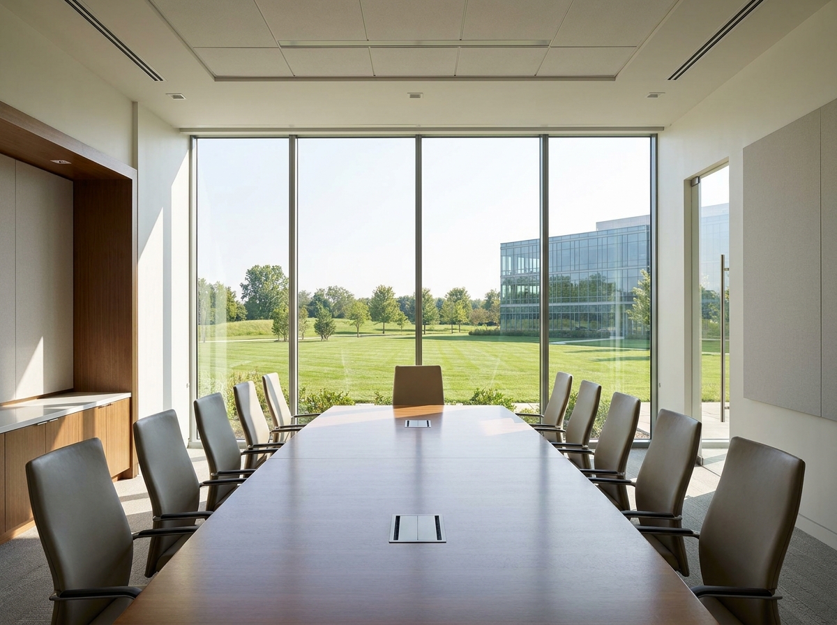An empty, sunlit conference room in Cary, set up for a business seminar.