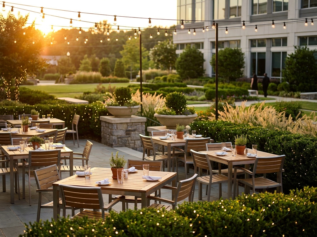 An inviting outdoor patio in Cary set for a professional networking happy hour.