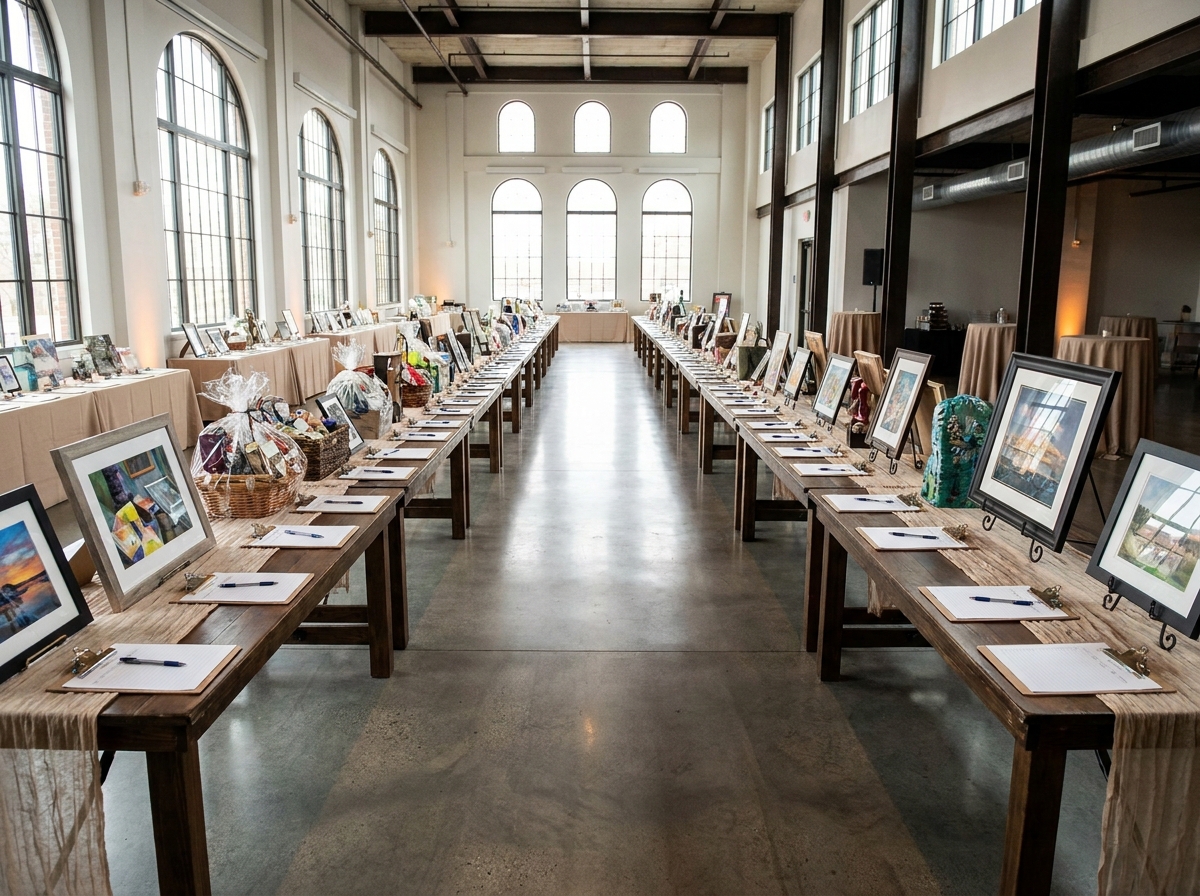 Tables displaying items and bid sheets for a silent auction.