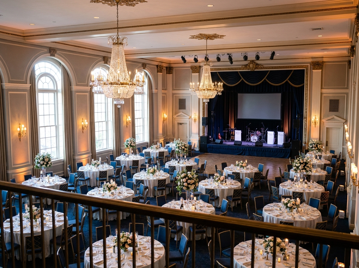 An empty ballroom elegantly prepared for a charity auction gala.