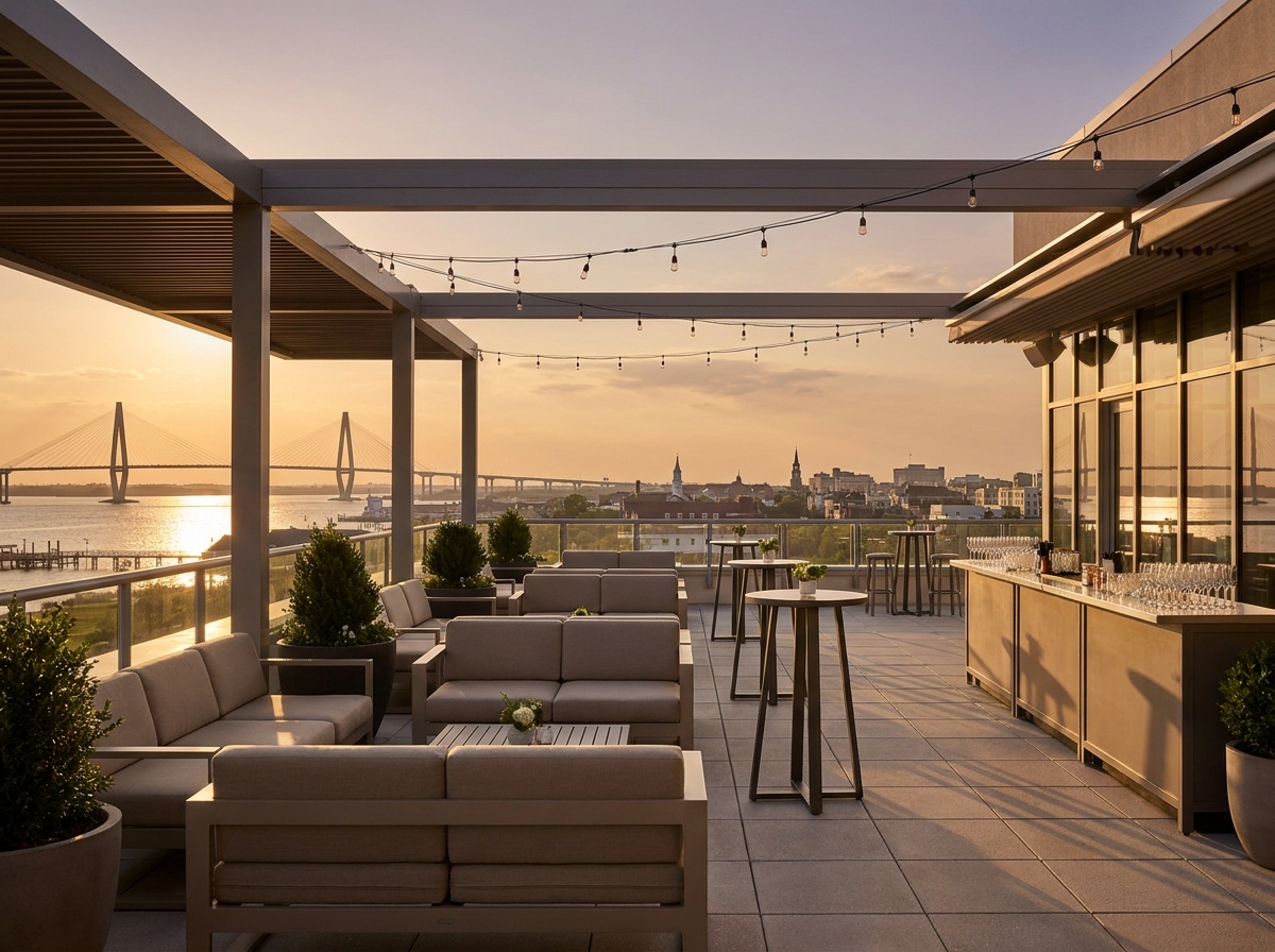 An empty rooftop bar in Charleston prepared for an event at sunset.