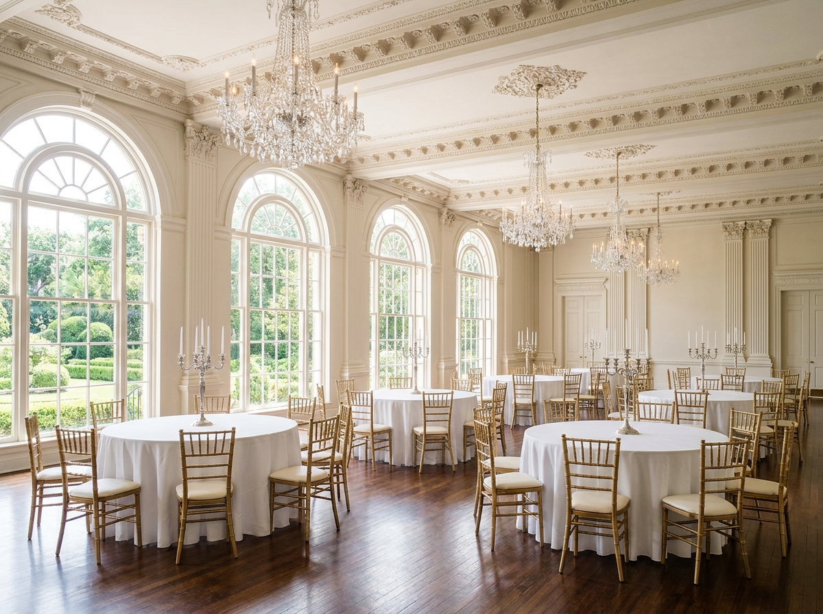 An empty, elegant ballroom in Charleston set up for a gala.