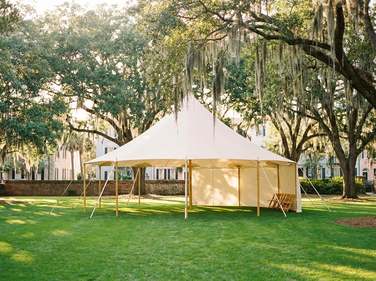 An event tent set up on a lawn under Charleston's live oak trees.