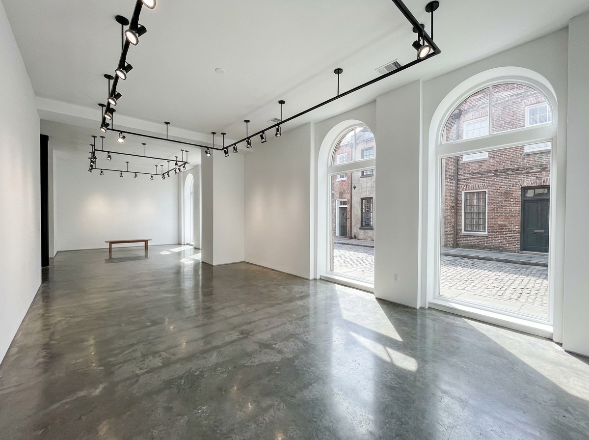 An empty contemporary art gallery in Charleston prepared for an event.