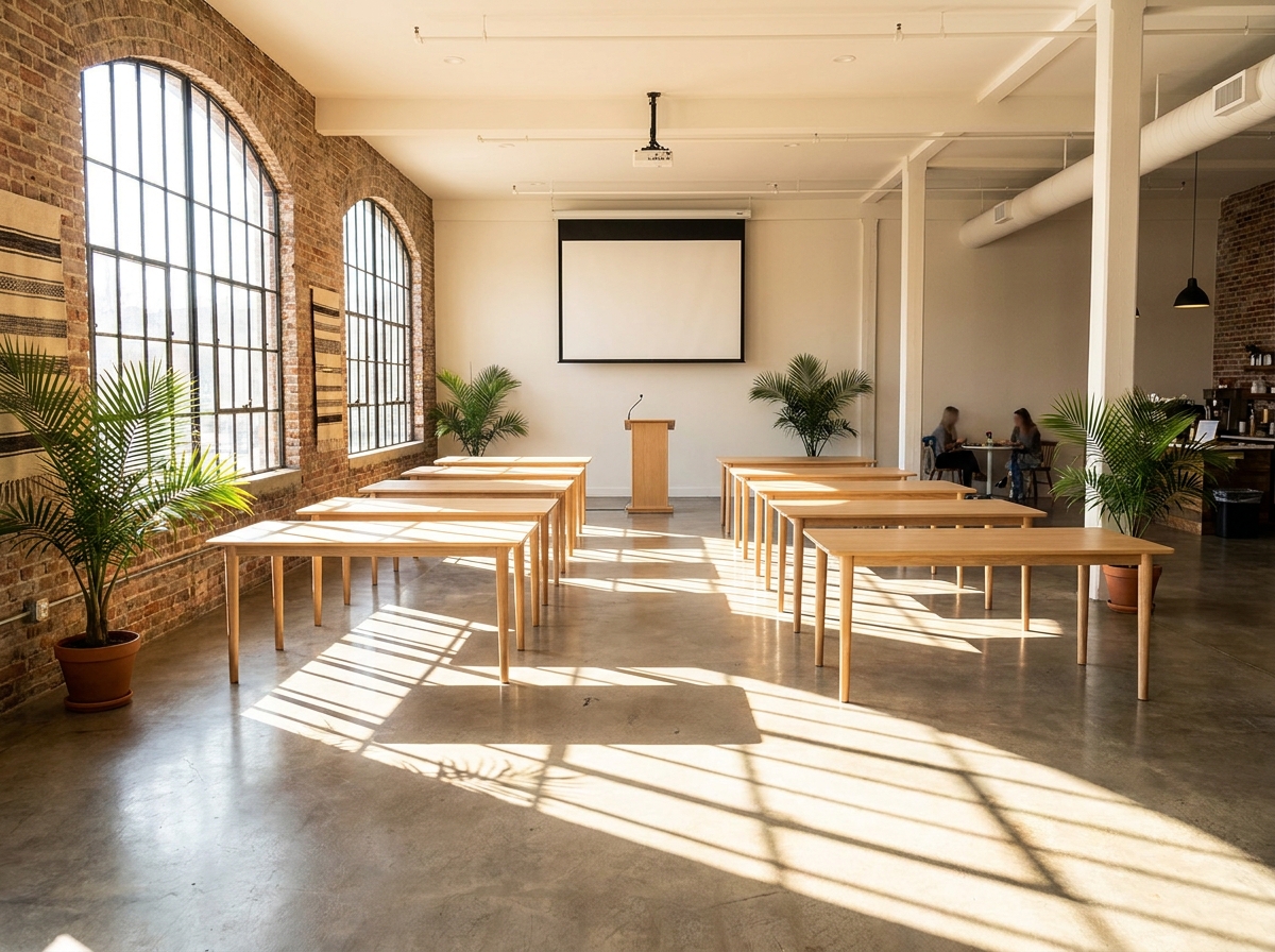 An empty, modern meeting space ready for a business event in Charleston.