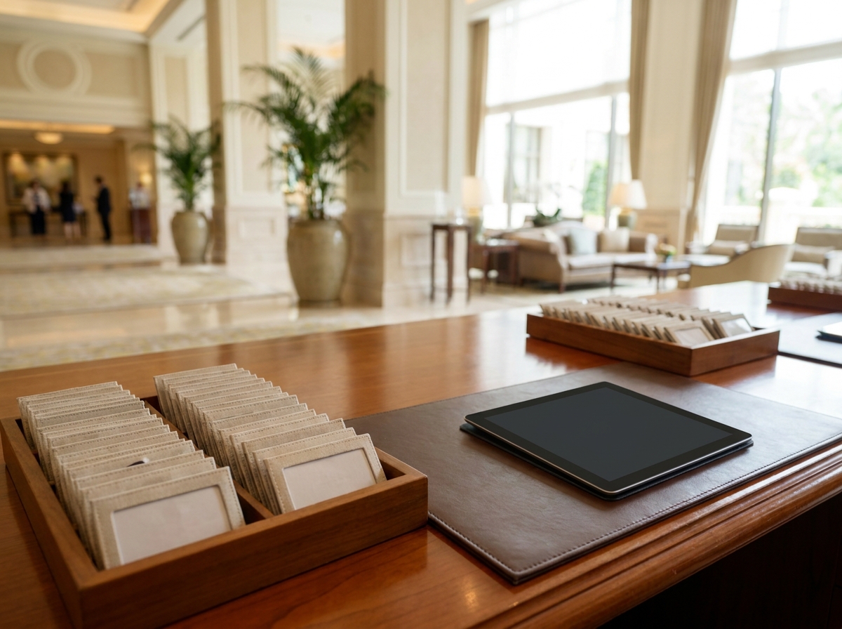An organized registration desk ready for a professional event check-in.
