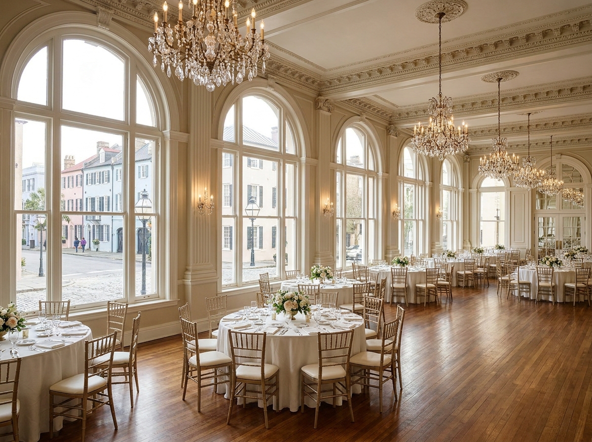 An elegant ballroom in Charleston prepared for a corporate networking luncheon.