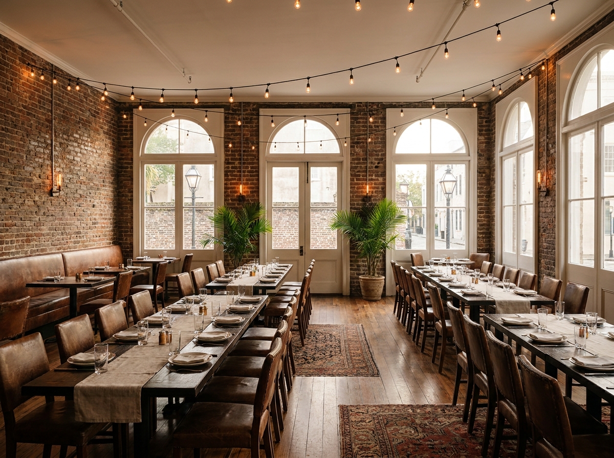 A private dining room in a Charleston restaurant set for a networking dinner.