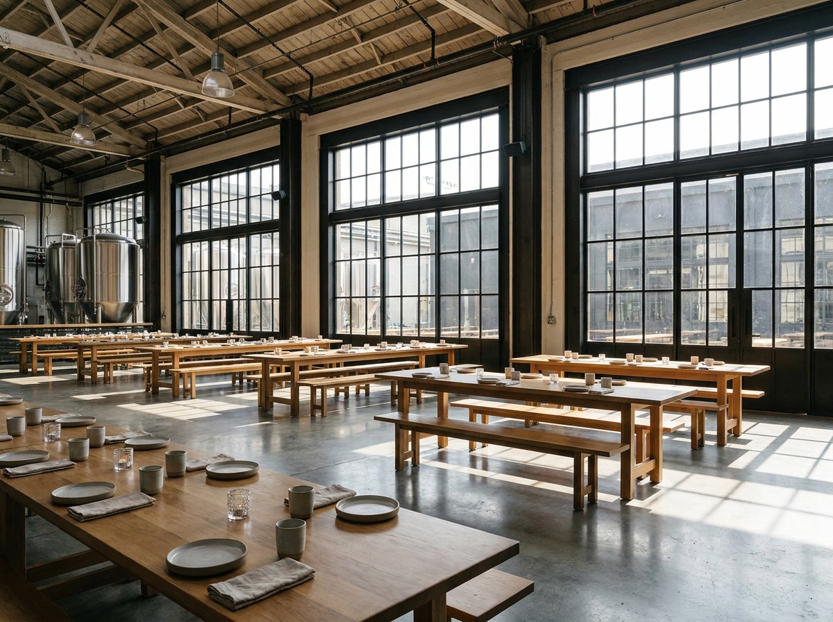 A modern brewery event space in Charlotte, prepared for a private gathering.