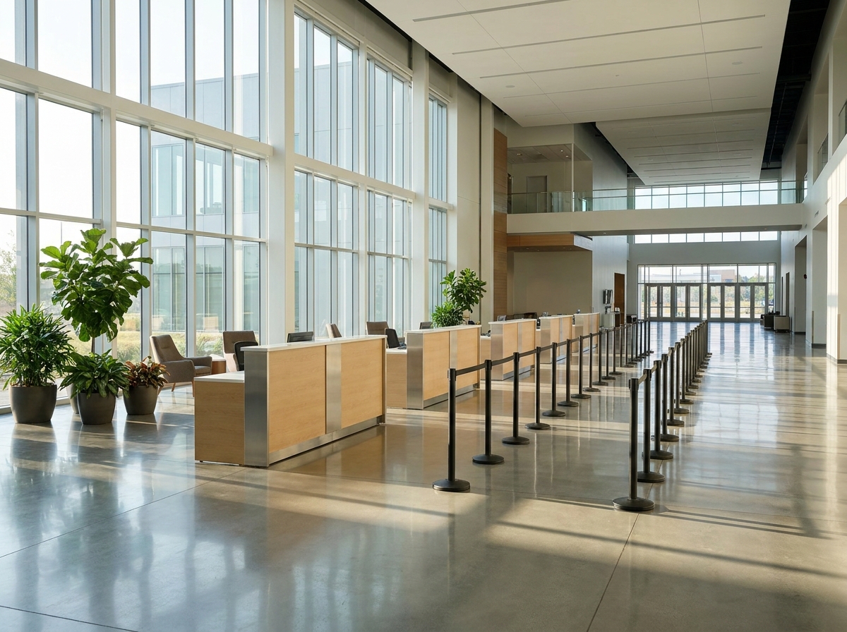 An empty, organized check-in area at the entrance of a modern Charlotte event venue.