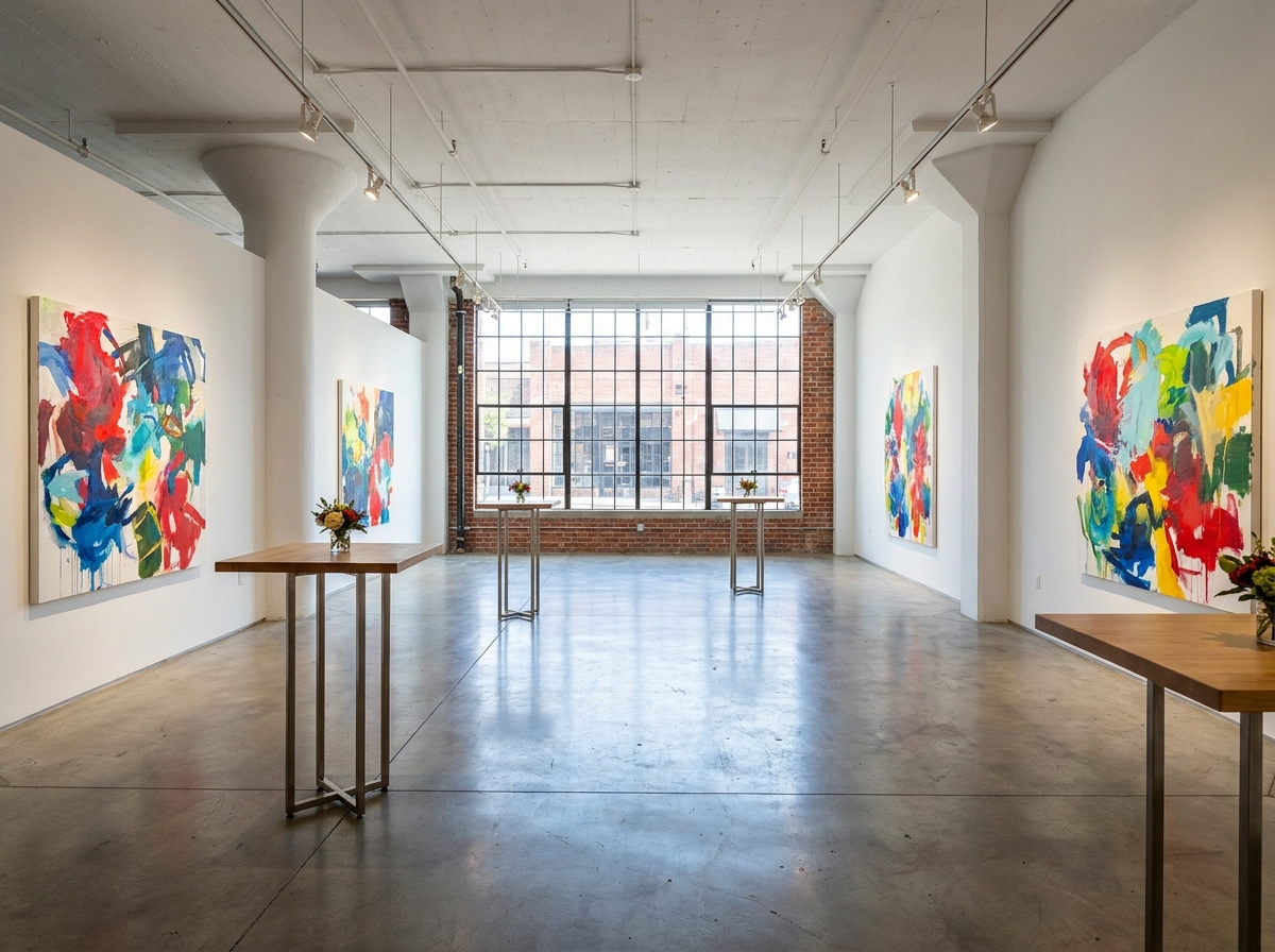 An art gallery space in Charlotte, set up for a reception before guests arrive.