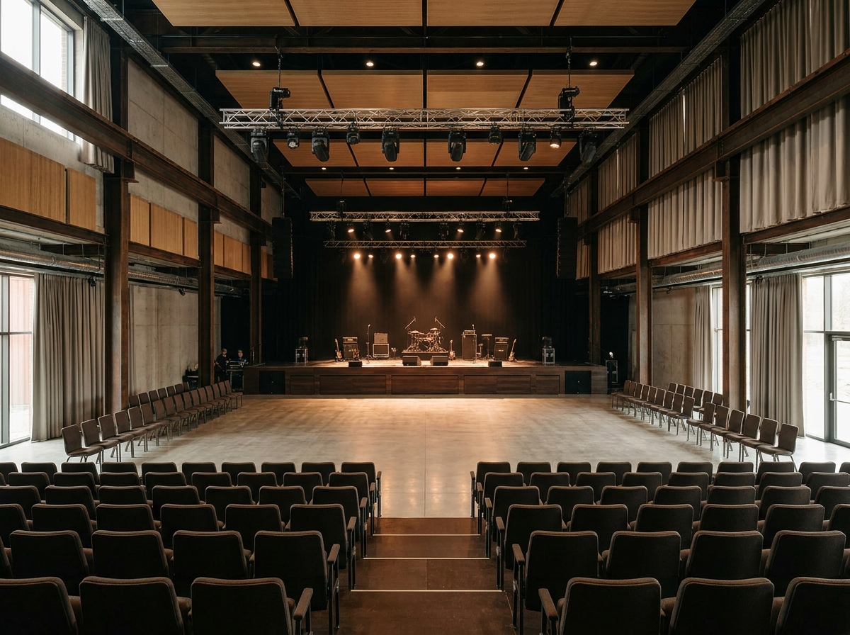 An empty stage and floor at a modern music venue in Charlotte, prepared for a concert.