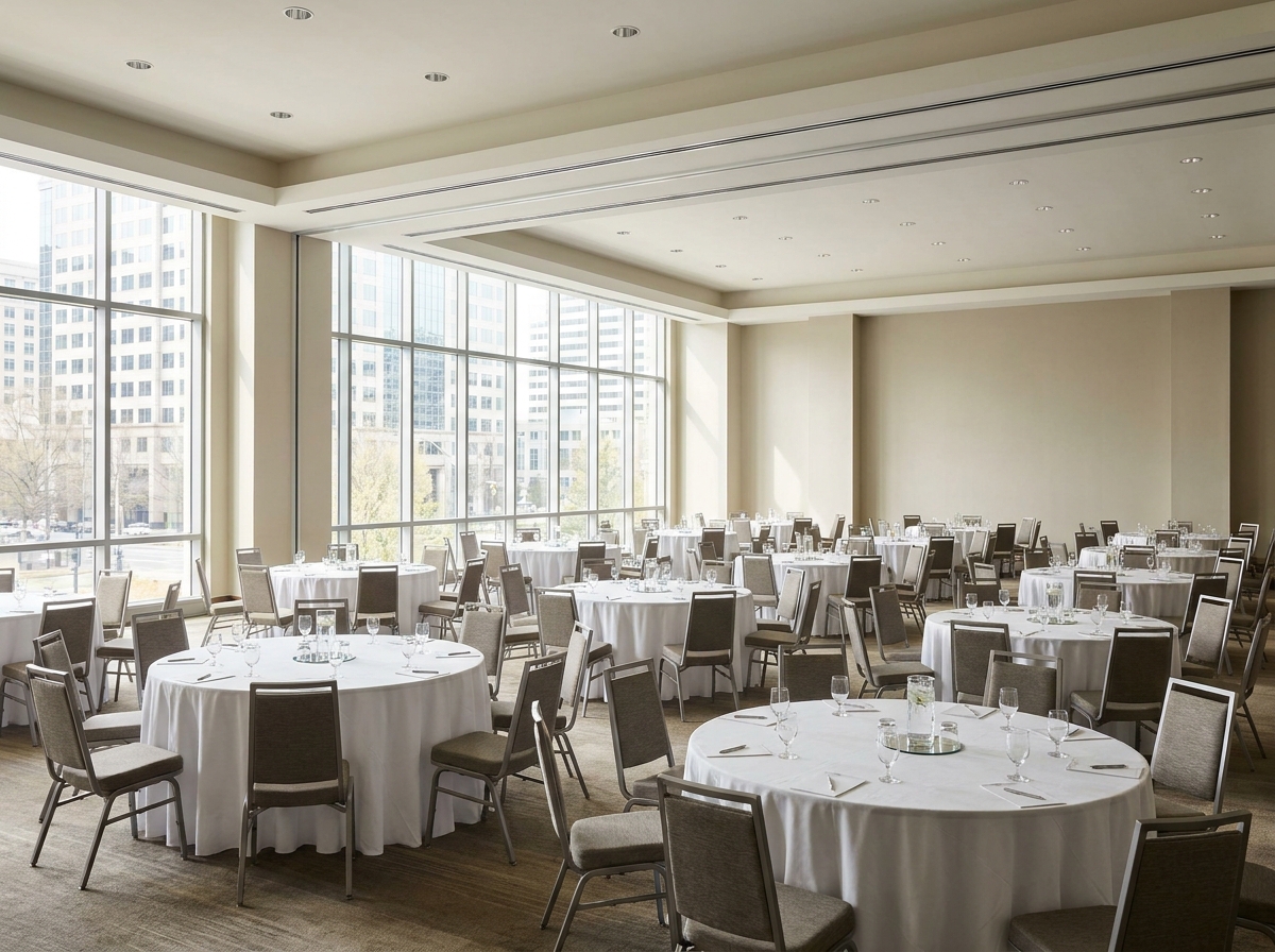 A hotel ballroom in Charlotte prepared for a professional business event.