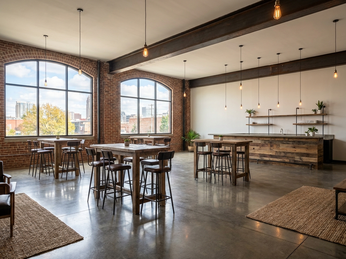 A modern co-working space in Charlotte set up for a networking meetup.