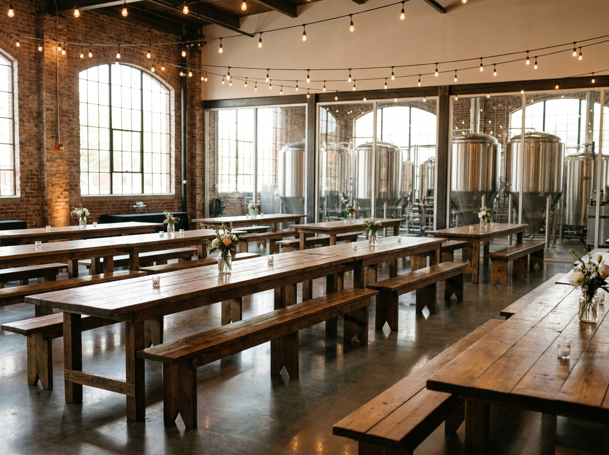 An empty brewery event space in Charlotte set up for a networking happy hour.