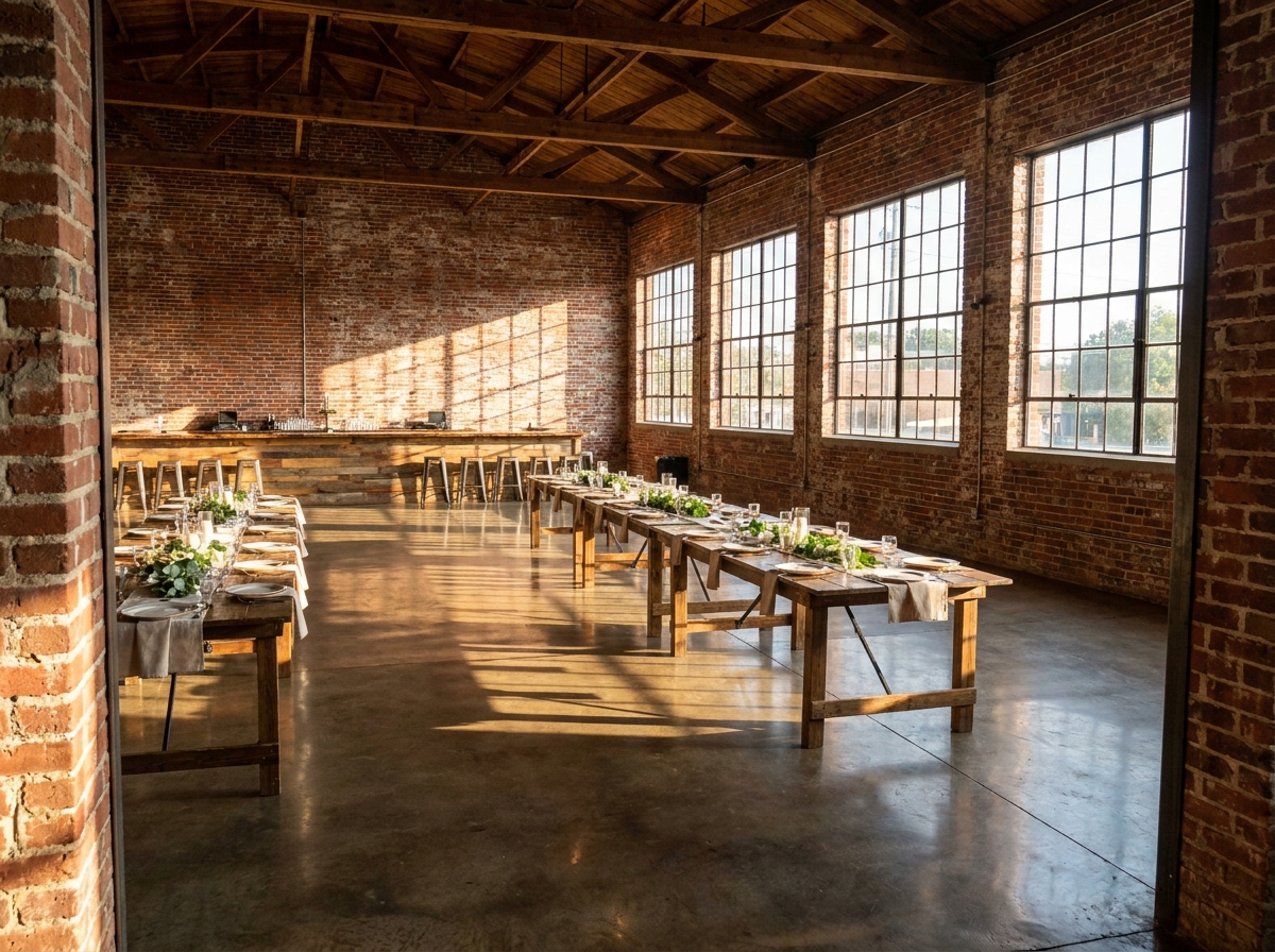 An event space in a Chattanooga brewery prepared for guests.