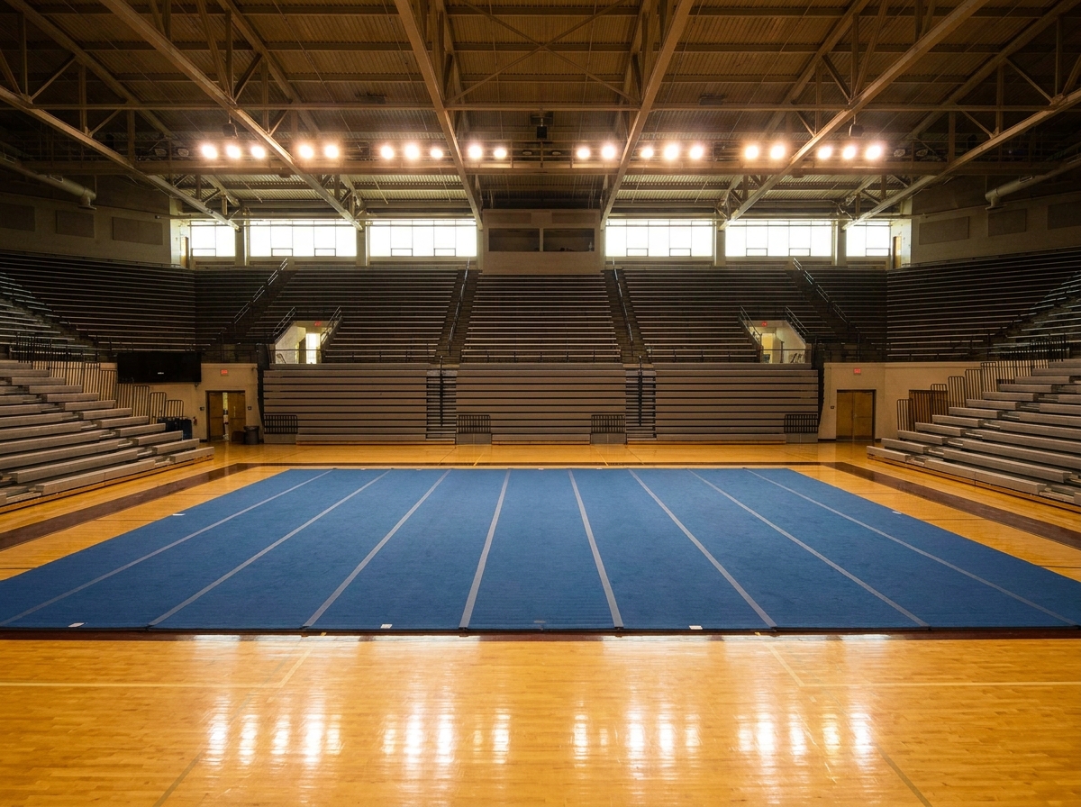 An empty competition floor with a blue mat ready for a cheer and dance event.