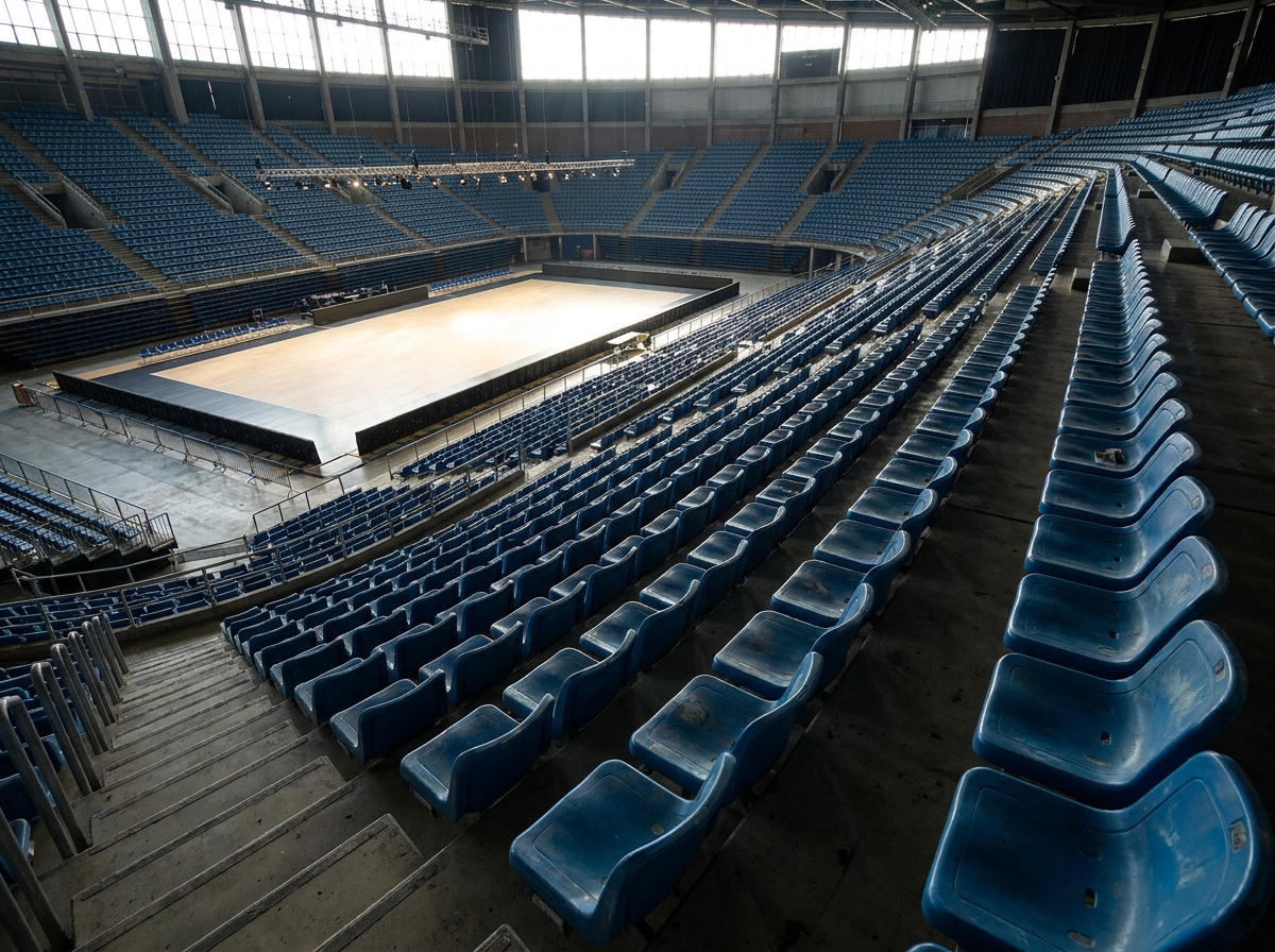 Rows of empty seats in an arena before a dance competition begins.