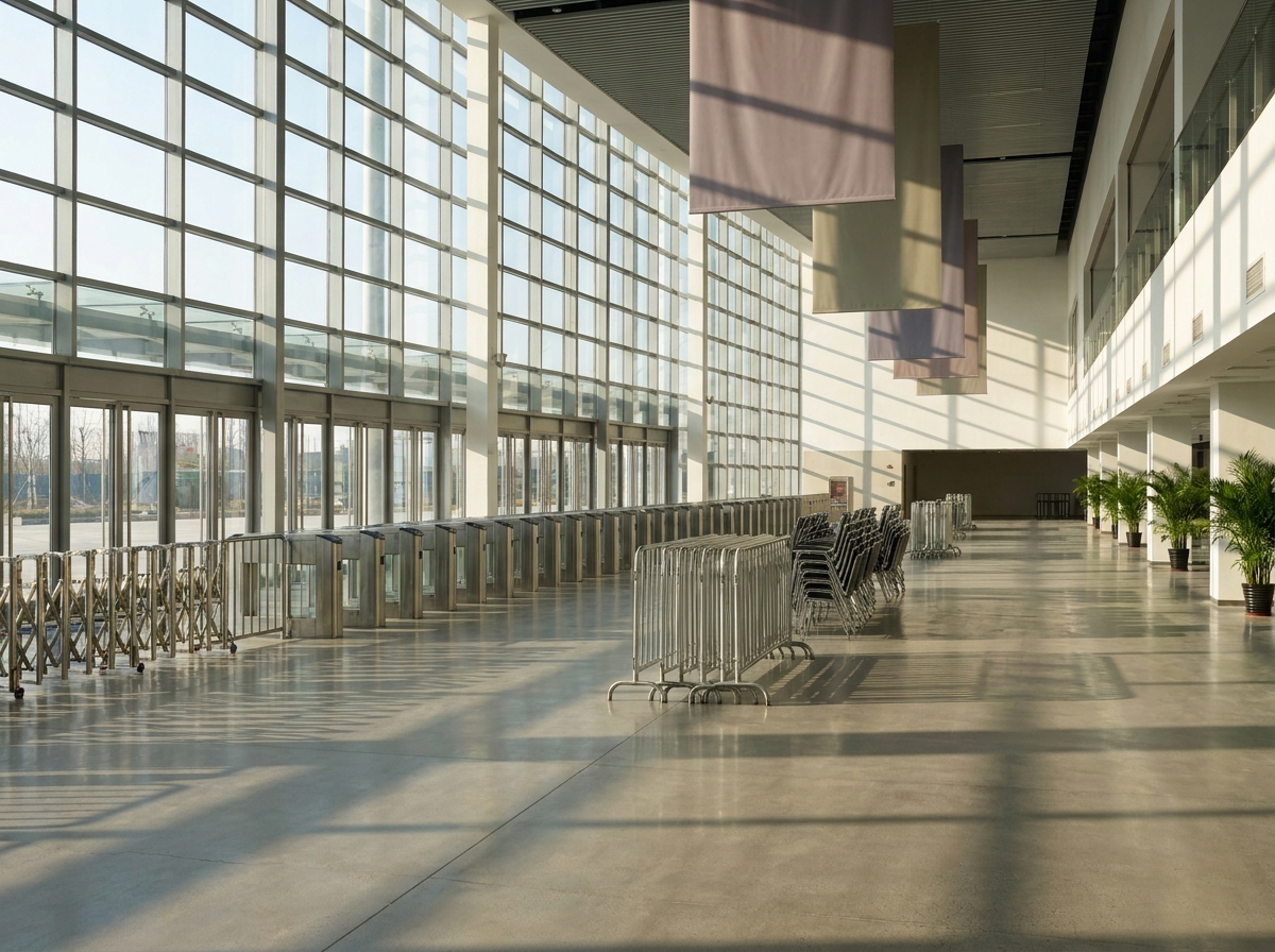 The clean, empty entrance lobby of a large venue, prepared for a cheer competition.