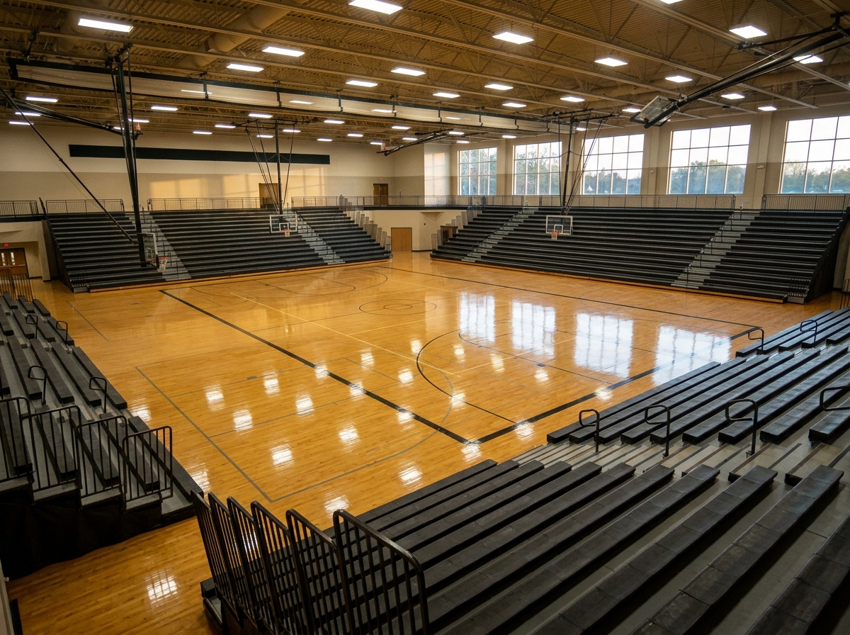 An empty gymnasium set up for a large-scale cheerleading tournament.