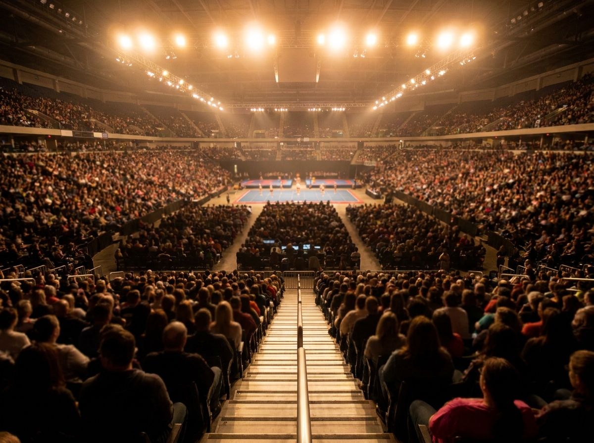 A large crowd of spectators watching a cheer event from the stands.