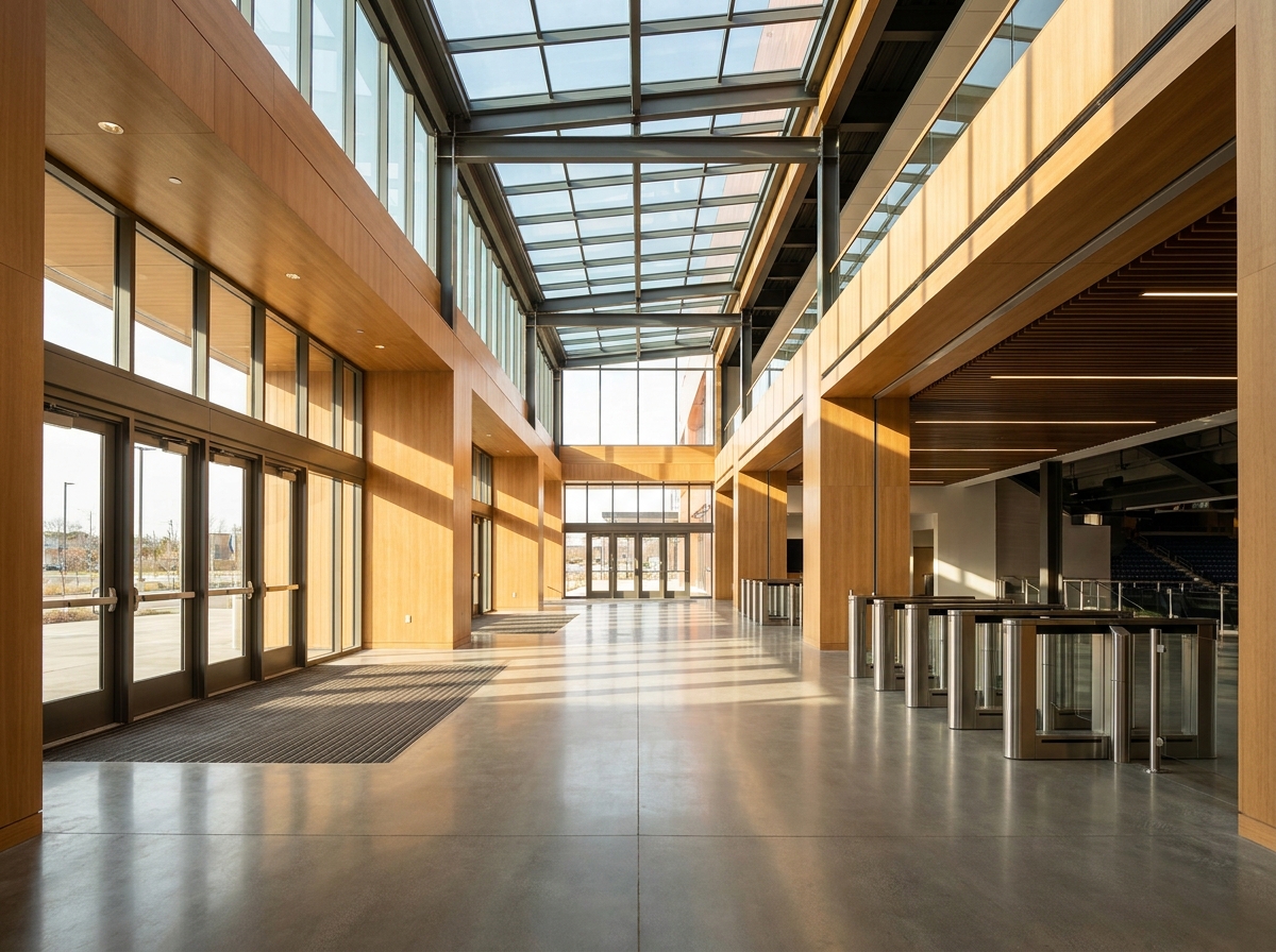 The empty entrance area of an arena, ready for a cheer event.