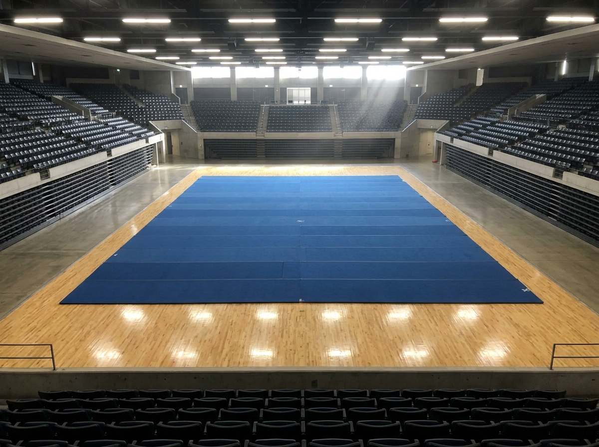 A clean blue cheerleading mat sits ready for a competition in an empty arena.