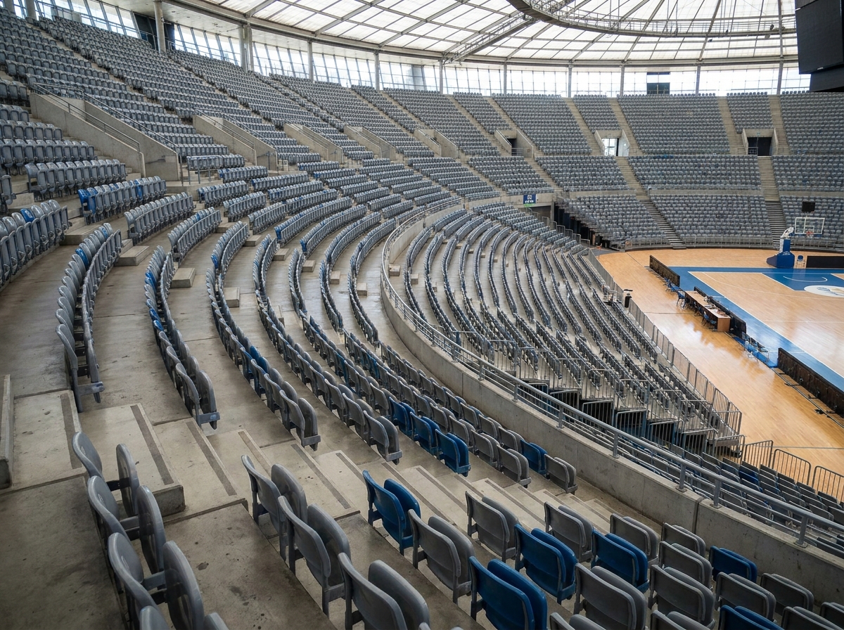 Rows of empty seats in a large stadium before a cheer event.