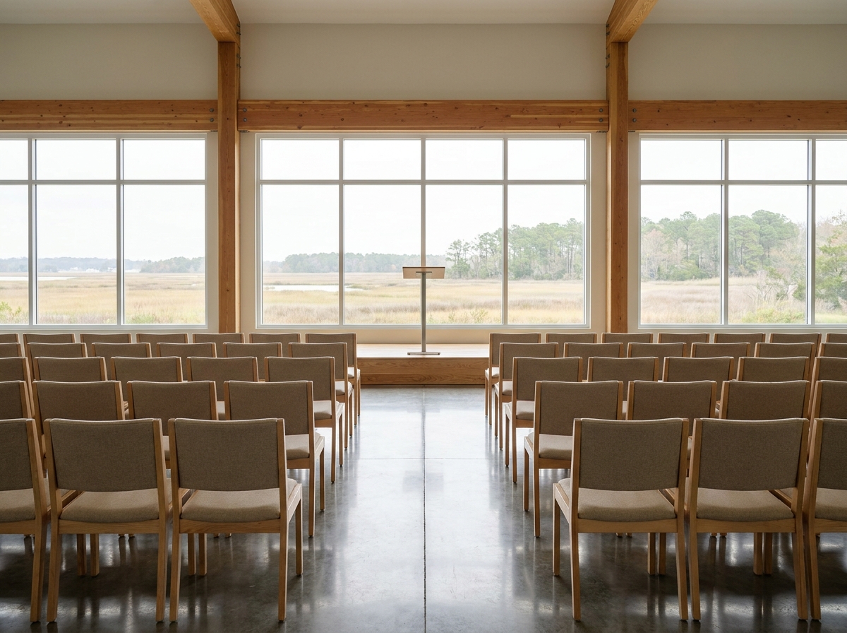 An empty workshop or conference room with chairs set up in Chesapeake.