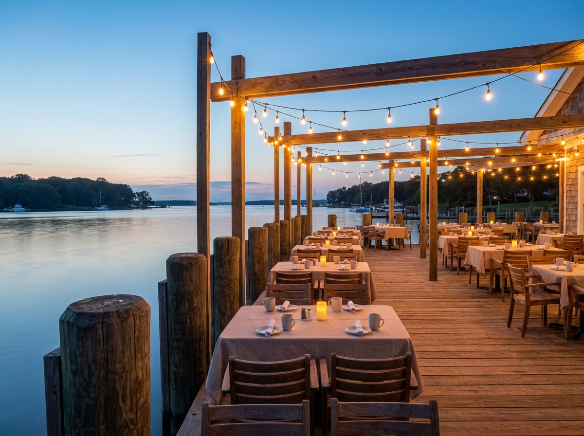 An outdoor waterfront event venue in Chesapeake set up for an evening gathering.