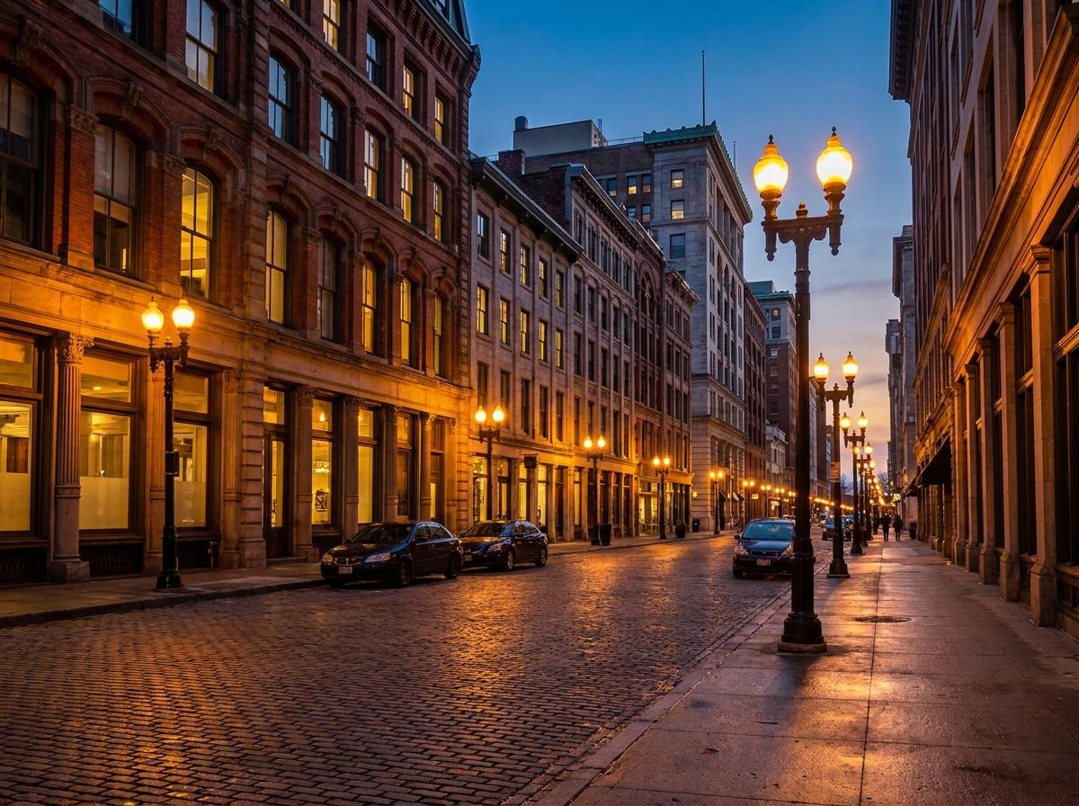 A view of a historic Chicago street at dusk, home to many comedy venues.