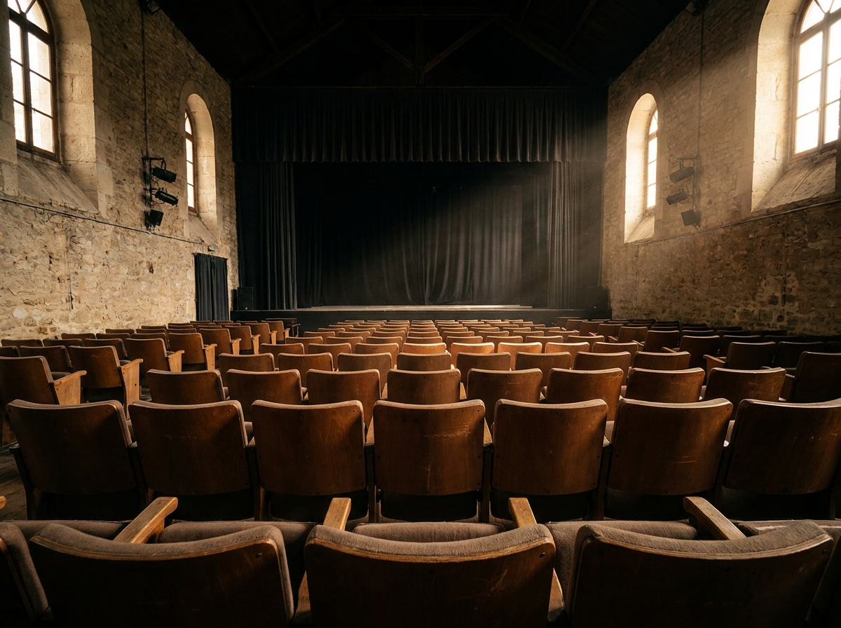 Empty seating in a small Chicago theater before a comedy show.