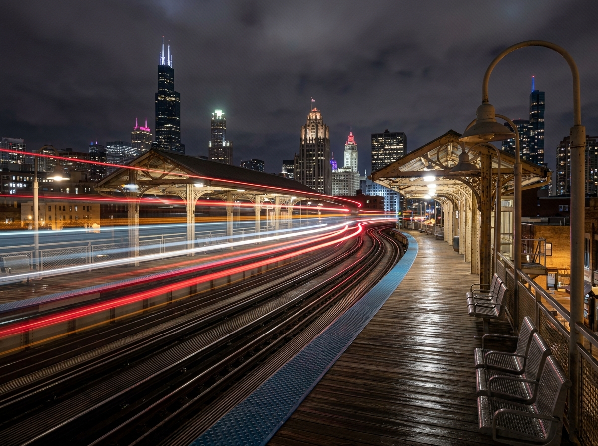 A view of a Chicago 'L' train platform at night, evoking the city's nightlife.