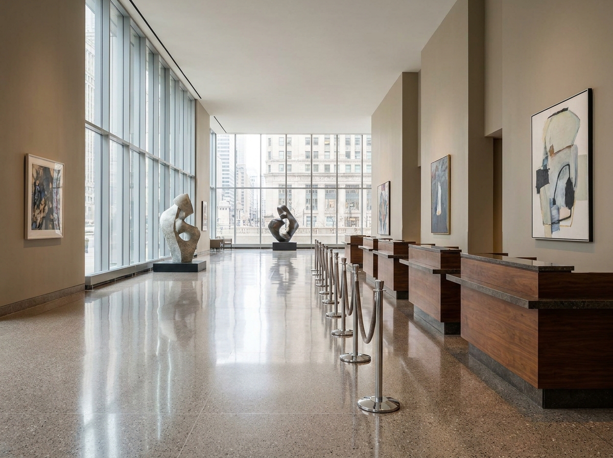 Hotel lobby prepared for a business event check-in in Chicago.