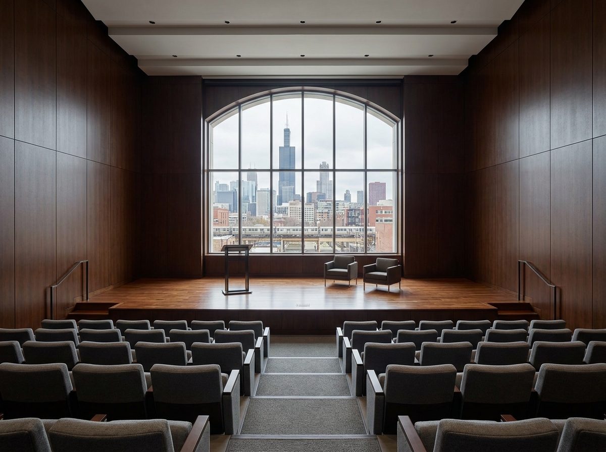 An auditorium stage set for a professional event in Chicago.