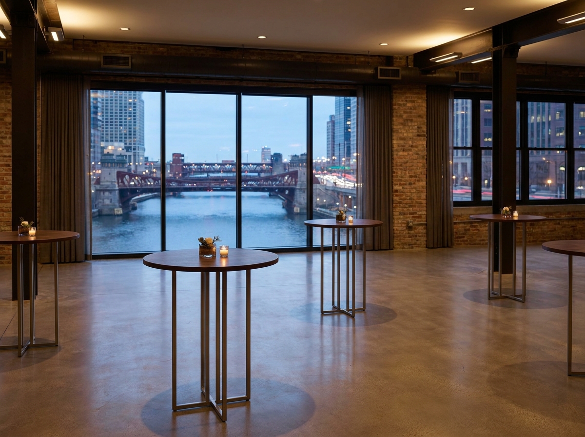An event loft with views of the Chicago River set for a networking event.