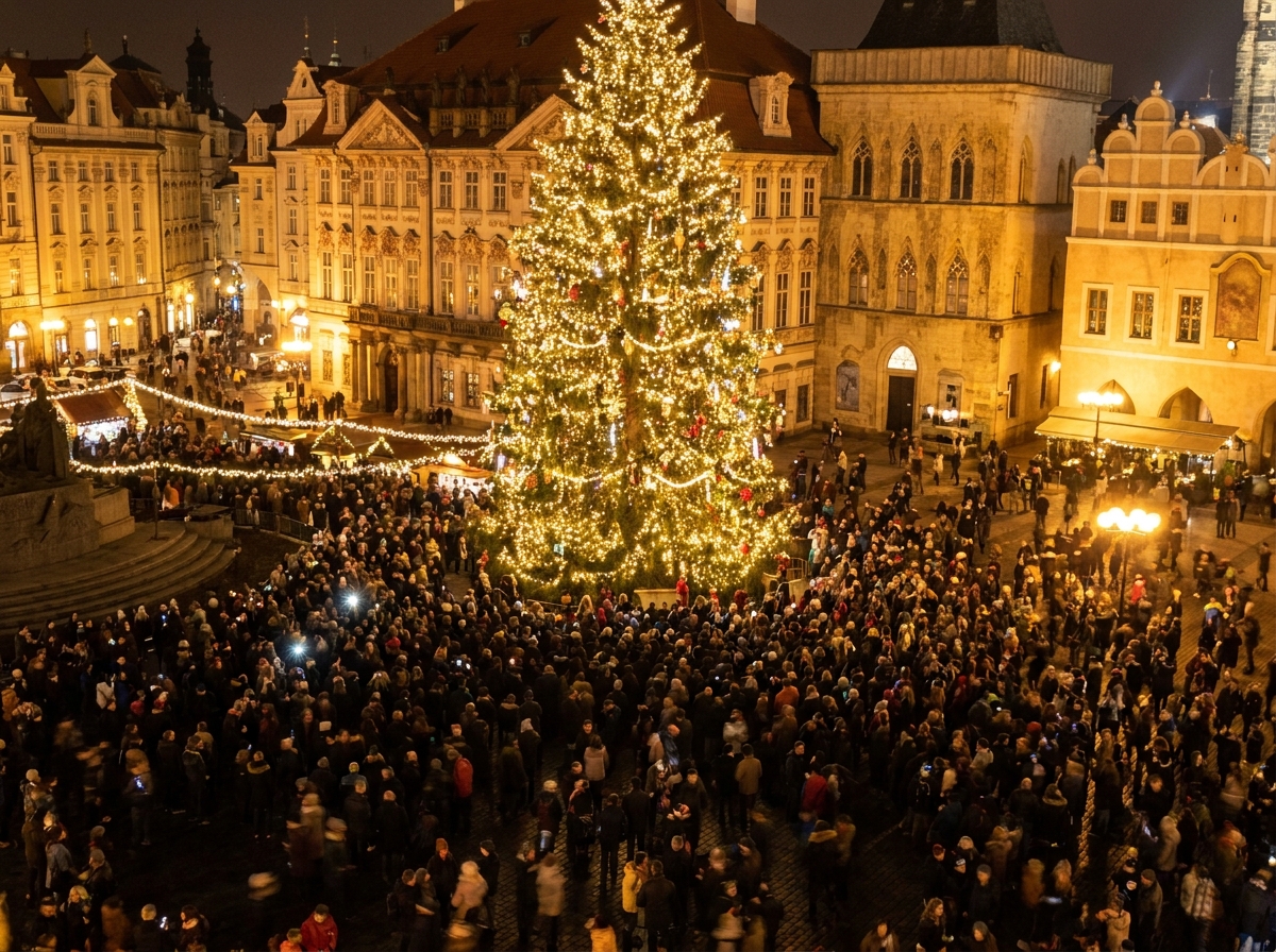 A large crowd gathered for a Christmas tree lighting ceremony in a public square.