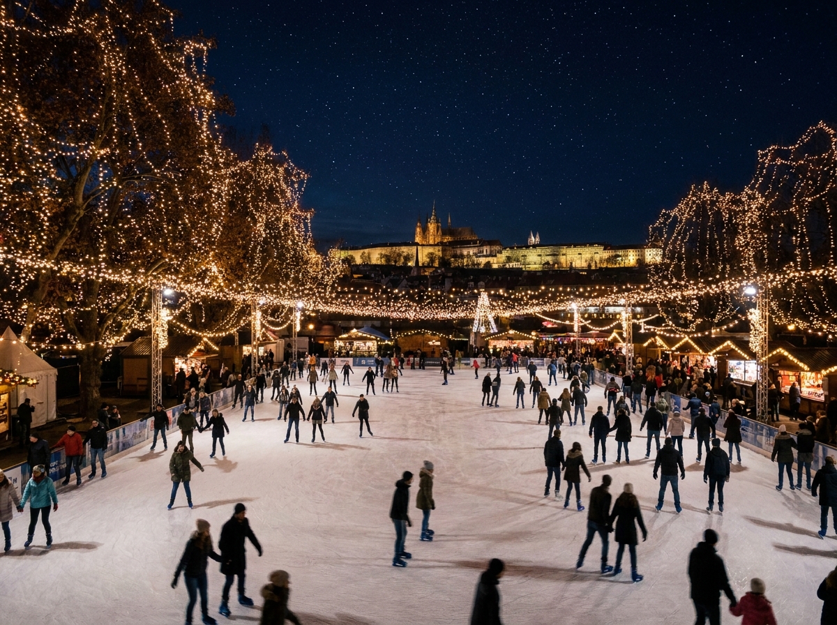 An outdoor ice rink decorated for Christmas with silhouettes of people skating.