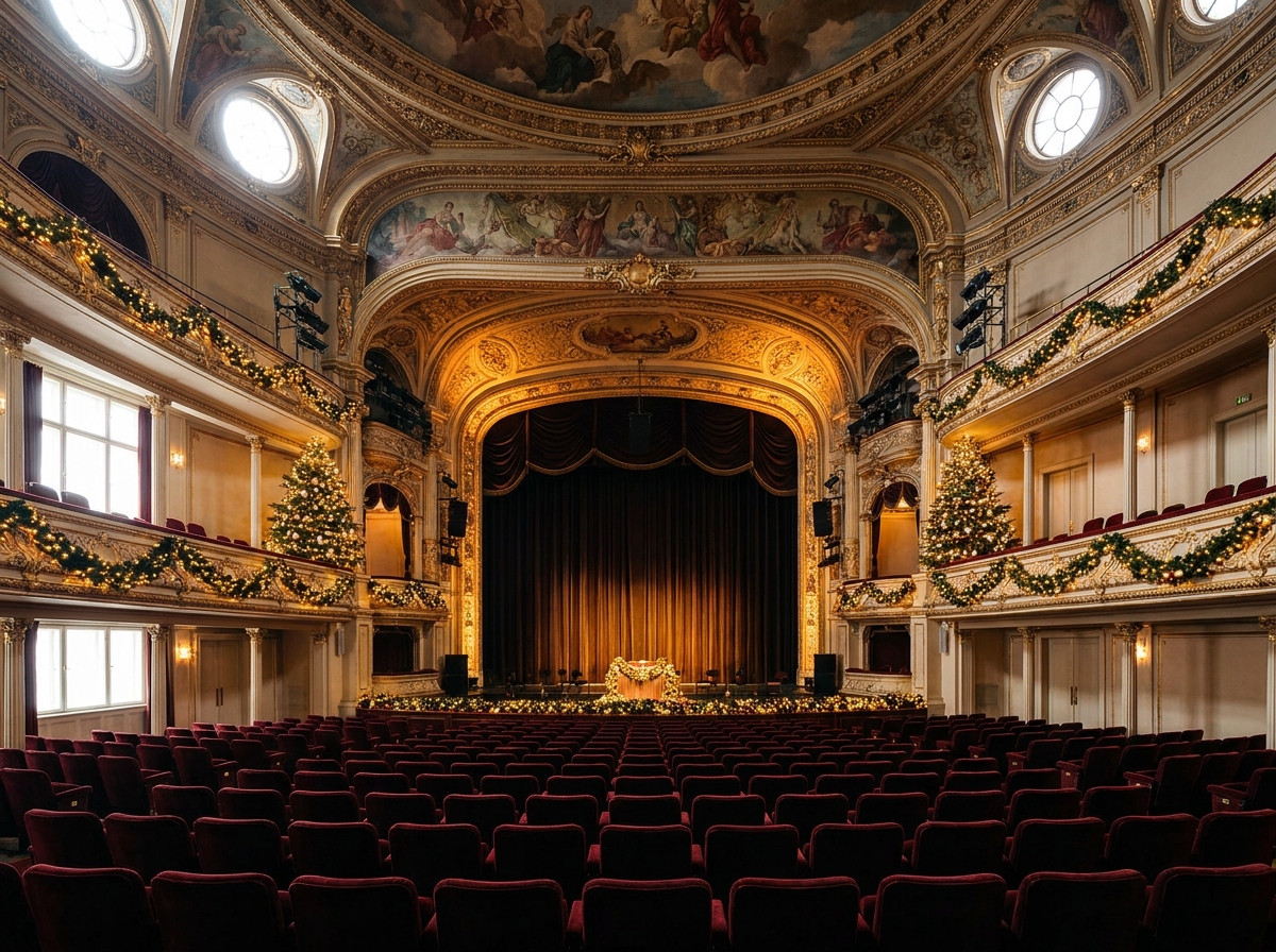 An empty, festively decorated theater prepared for a Christmas performance.