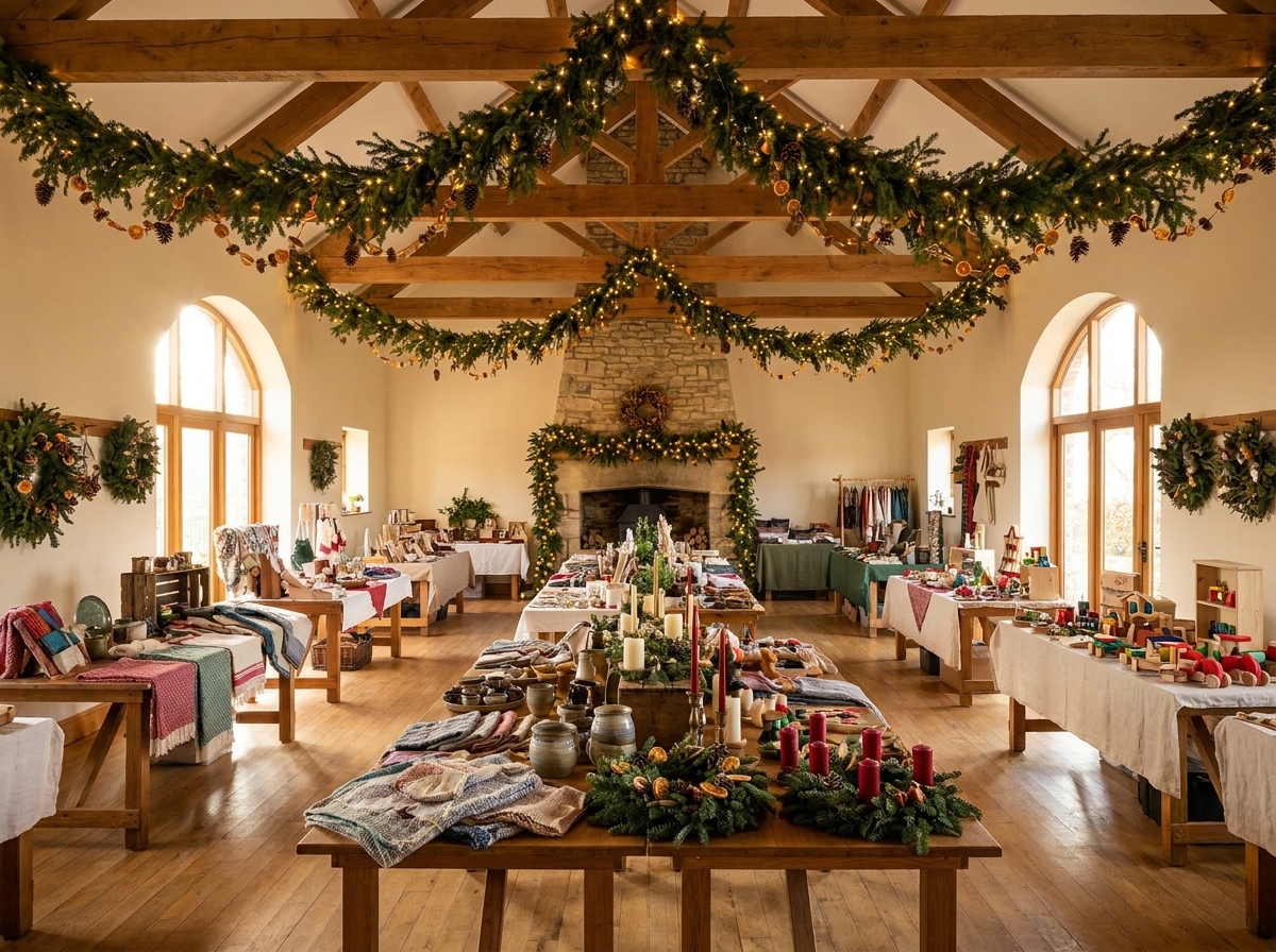 An indoor holiday craft fair with decorated tables ready for shoppers.